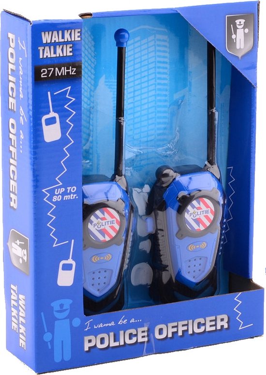 Blauwe politie walkie talkies met "POLITIE" logo, in blauwe verpakking.
