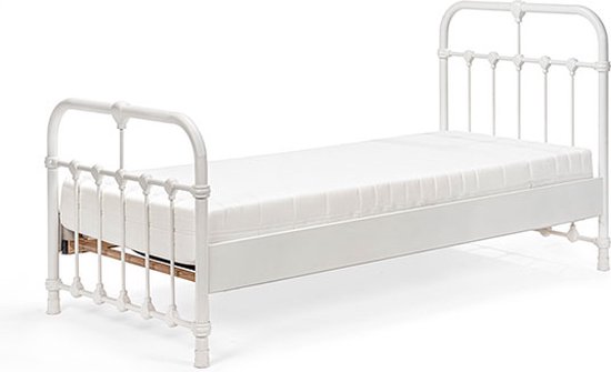 Bed Box Wonen - Kinderbed - Erma - 90x210 - Wit - Metaal - lattenbodem - matras - eenpersoons