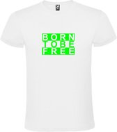 Wit  T shirt met  print van "BORN TO BE FREE " print Neon Groen size S