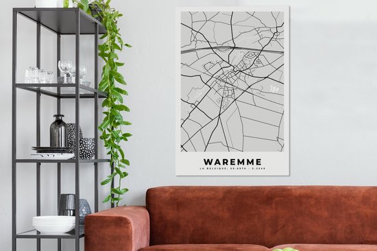 Canvas schilderij 90x140 cm - Wanddecoratie Stadskaart – Zwart Wit - Kaart – Waremme – België – Plattegrond - Muurdecoratie woonkamer - Slaapkamer decoratie - Kamer accessoires - Schilderijen