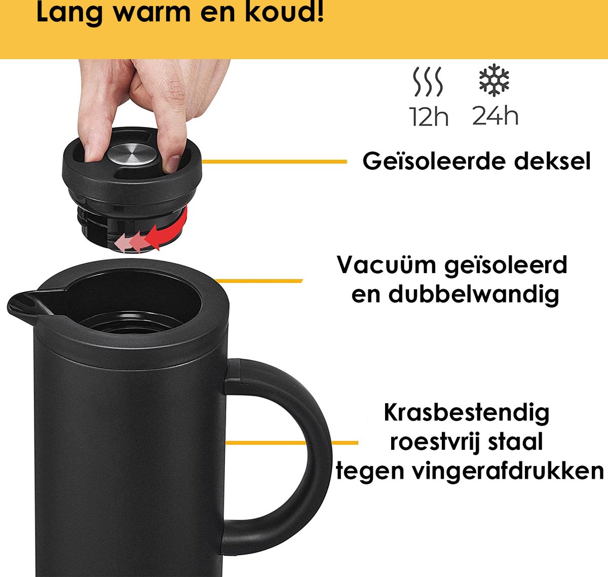 1L thermoskan 304 roestvrij staal, dubbelwandige vacuüm-isolatie