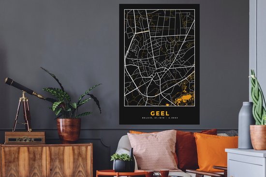 Muurstickers - Sticker Folie - Geel - Stadskaart - Kaart - Goud - Plattegrond - 80x120 cm - Plakfolie - Muurstickers Kinderkamer - Zelfklevend Behang - Zelfklevend behangpapier - Stickerfolie