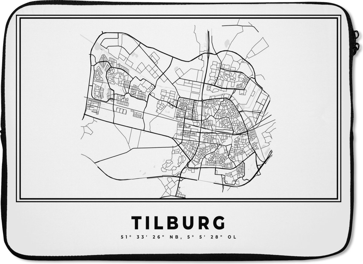 Laptophoes 14 inch - Kaart – Plattegrond – Stadskaart – Tilburg – Nederland – Zwart Wit - Laptop sleeve - Binnenmaat 34x23,5 cm - Zwarte achterkant