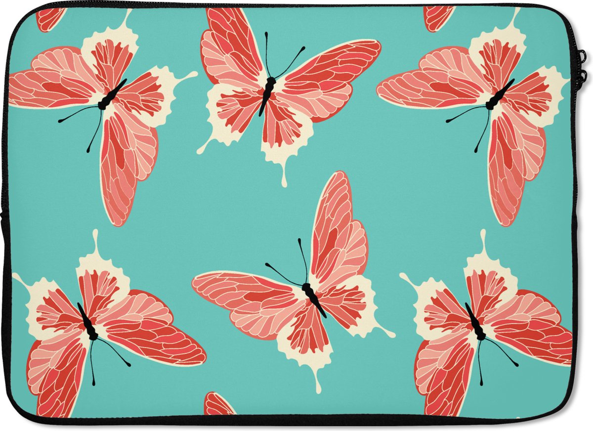 Laptophoes 14 inch - Vlinders - Roze - Patroon - Laptop sleeve - Binnenmaat 33x23 cm - Zwarte achterkant