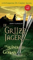 Luisterboek De Grijze Jager 1 - De ruïnes van Gorlan. Een boogschutter staat met een kasteel op de achtergrond.