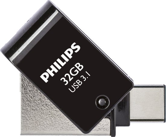 Zwarte Philips 32GB USB 3.1 flash drive met zilveren draaibare connector.