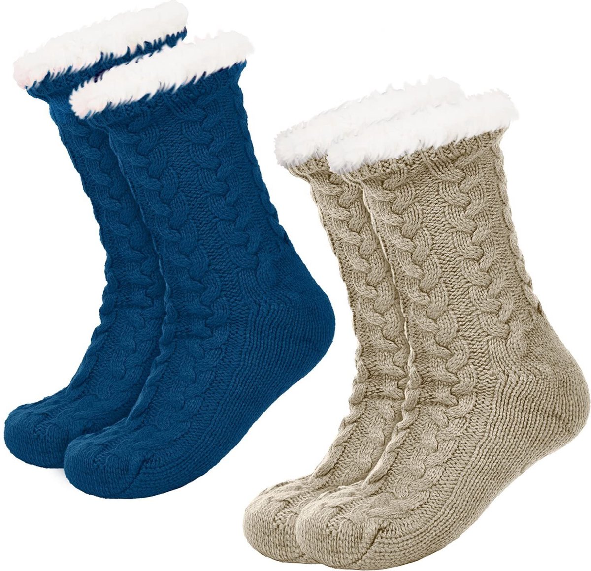 JAXY Huissokken - Huissokken Dames en Heren - Verwarmde sokken - Anti Slip Sokken - Fleece Sokken - Dikke Sokken - Fluffy Sokken - Slofsokken - Warme Sokken - Bedsokken - Gevoerde Sokken - Winter Sokken - 2 Paar - Petrol + Beige