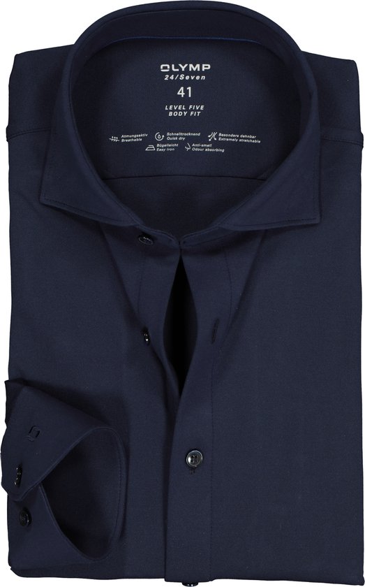 OLYMP Level 5 24/Seven body fit overhemd - marine blauw tricot - Strijkvriendelijk - Boordmaat: 40