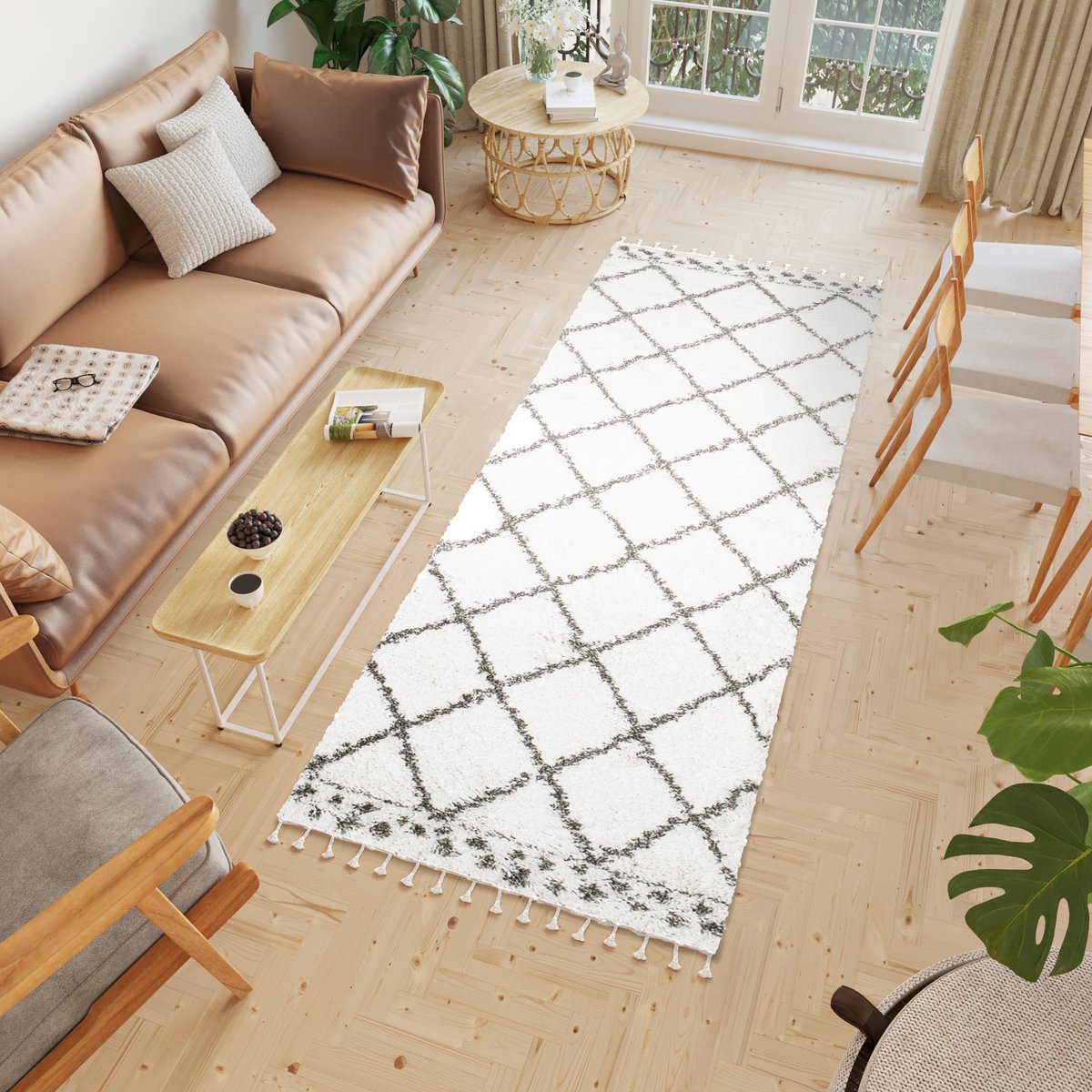 Tapiso Boho Loper Beige Hoogpolig Grijs Kwastjes Woonkamer Vloerkleed Maat- 100x300 Creme Grijs 1