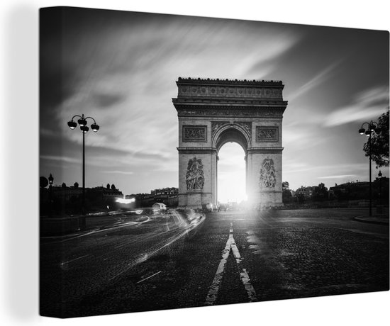 Canvas schilderij 180x120 cm - Wanddecoratie Arc de Triomphe met zonsondergang - zwart-wit - Muurdecoratie woonkamer - Slaapkamer decoratie - Kamer accessoires - Schilderijen