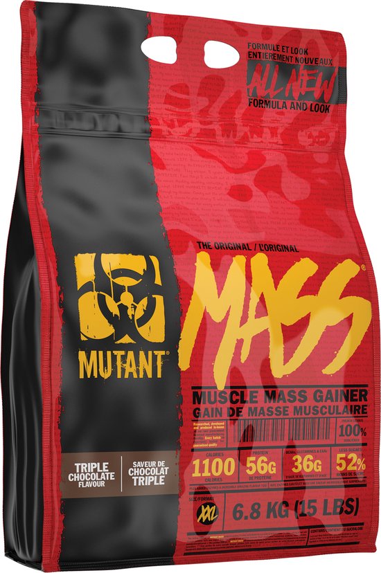 Zak Mutant Mass Weight Gainer, smaak Triple Chocolate, met voedingswaarden.