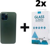 Backcase Carbon Hoesje iPhone 12 Pro Groen - 2x Gratis Screen Protector - Telefoonhoesje - Smartphonehoesje