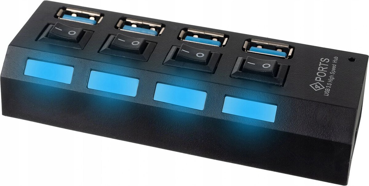 USB Hub - High Speed 4 Ports 3.0 - Multi Oplaadadapter - Aan/Uit Knop - LED Verlichting - Zwart