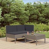 vidaXL 3-delige Loungeset met kussens poly rattan grijs