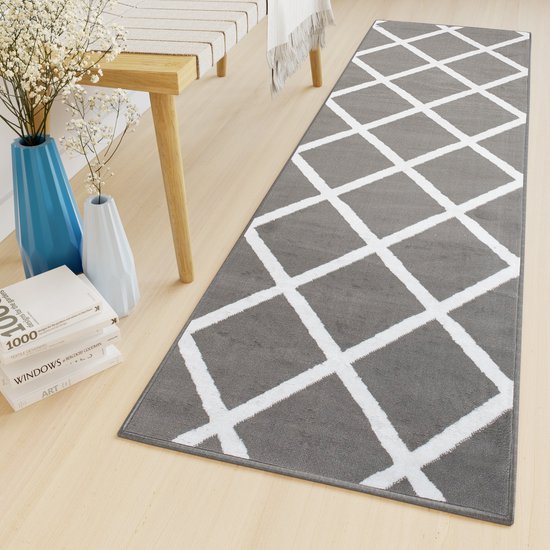 Tapiso Luxury Carpet Runner Grijs Wit À Carreaux Moderne Couloir Salon Tapis Taille - 80x700