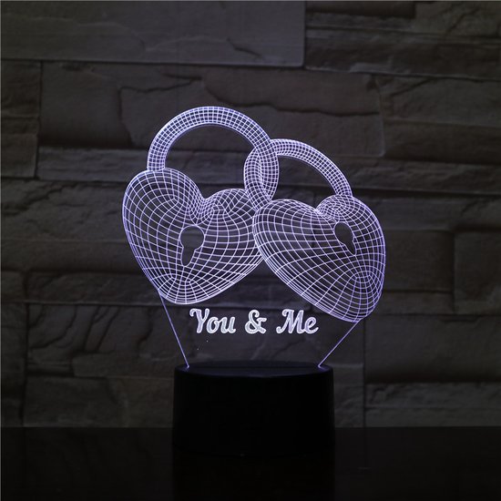 3D Led Lamp Met Gravering - RGB 7 Kleuren - You & Me Hartjes Slot