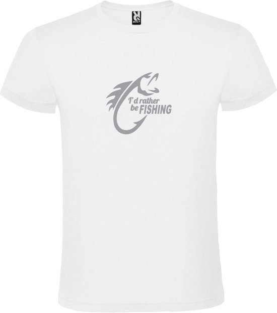 Wit  T shirt met  " I'd rather be Fishing / ik ga liever vissen " print Zilver size XS