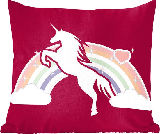 Sierkussens - Kussen - Een illustratie van een witte eenhoorn voor een regenboog op een rode achtergrond - 50x50 cm - Kussen van katoen