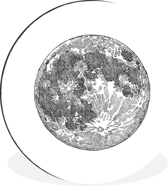 WallCircle - Wandcirkel - Muurcirkel - Een zwart-wit illustratie van de maan - Aluminium - Dibond - ⌀ 90 cm - Binnen en Buiten