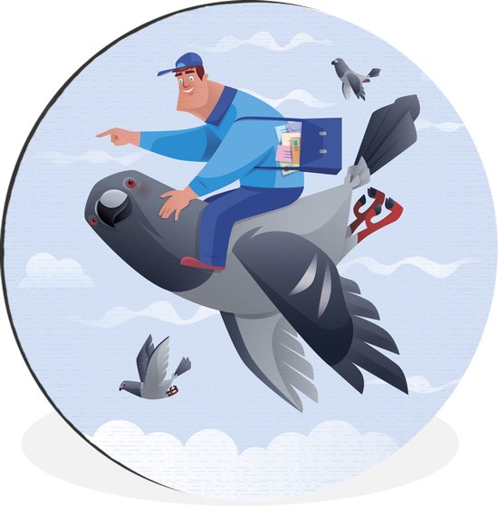 WallCircle - Wandcirkel - Muurcirkel - Illustratie van een postbode op een vliegende duif - Aluminium - Dibond - ⌀ 120 cm - Binnen en Buiten XXL