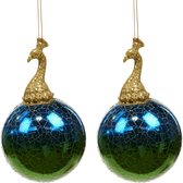 Viv! Home Luxuries Kerstbal - Pauwenkop - set van 2 - blauw groen goud - 14cm