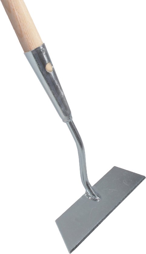 Schoffel met een verzinkte, rechthoekige kop en een essen houten steel.