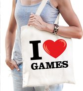 Katoenen tasje I love games wit voor dames en heren - Cadeautasjes - Verjaardag / bedankt tassen / shoppers