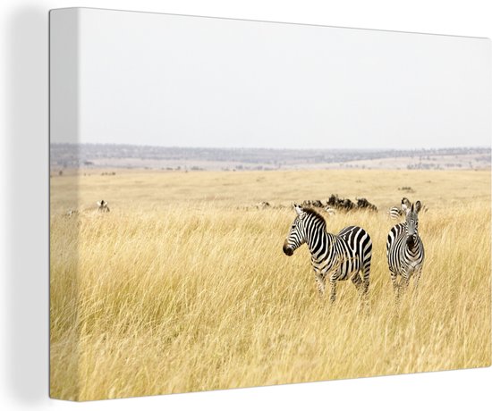 Canvas Schilderij Zebra's lopen door het hoge gras van de savanne - 90x60 cm - Wanddecoratie