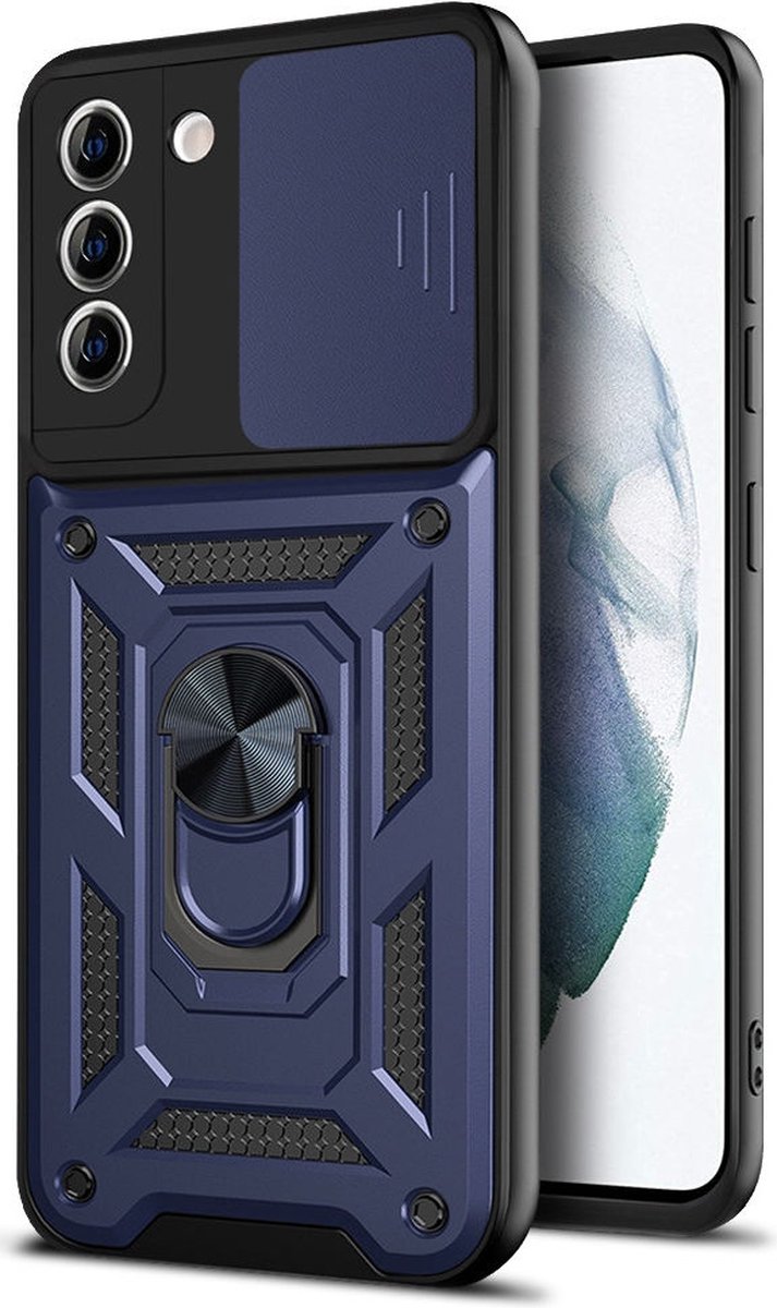 Hoesje Camera Slider en Kickstand Ring Blauw Geschikt voor Samsung Galaxy S21 FE