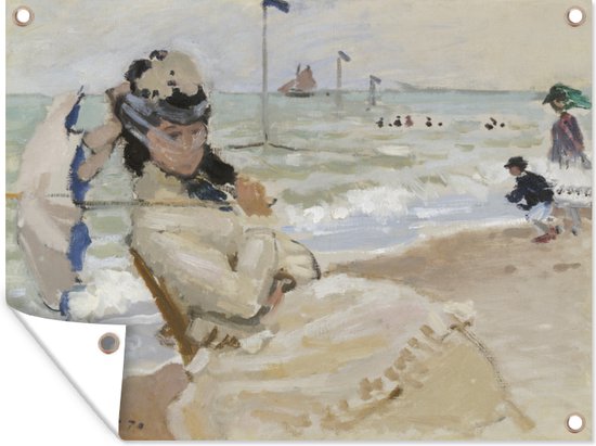 Camille on the beach at Trouville - schilderij van Claude Monet