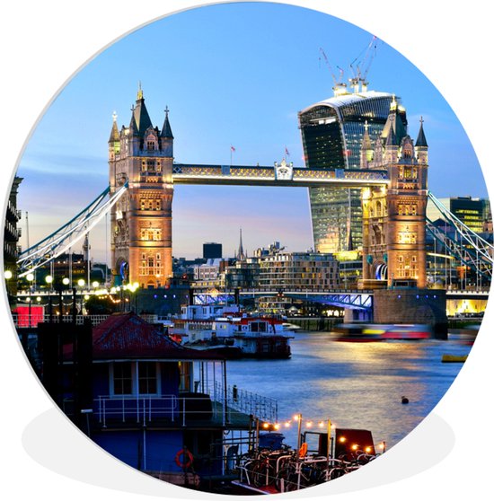 WallCircle - Wandcirkel ⌀ 90 - De verlichte Tower Bridge in Londen - Ronde schilderijen woonkamer - Wandbord rond - Muurdecoratie cirkel - Kamer decoratie binnen - Wanddecoratie muurcirkel - Woonaccessoires