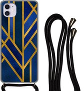 Hoesje met koord Geschikt voor iPhone 12 - Goud - Blauw - Luxe - Siliconen - Crossbody - Backcover met Koord - Telefoonhoesje met koord - Hoesje met touw