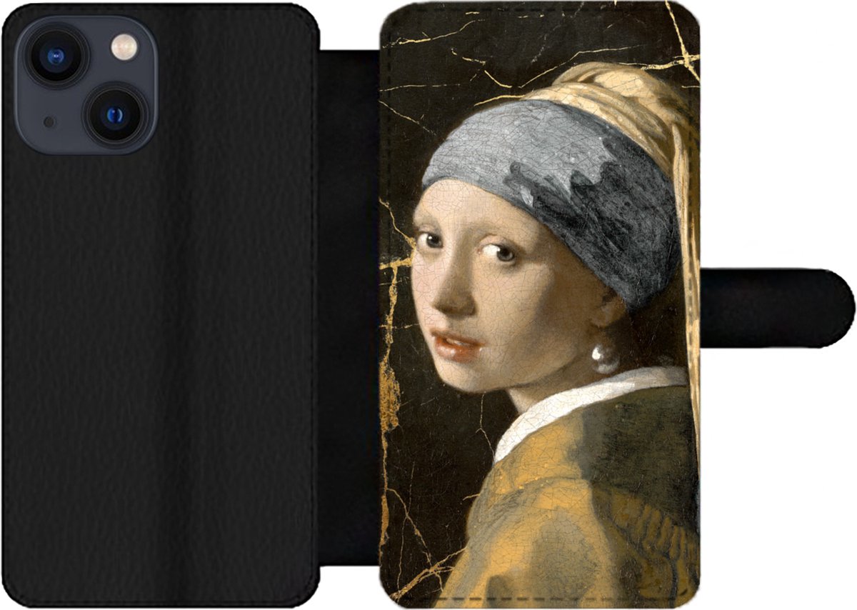 Telefoonhoesje Geschikt voor iPhone 13 Mini telefoonhoesje - Meisje met de parel - Marmer print - Goud - Met vakjes - Wallet case met magneetsluiting
