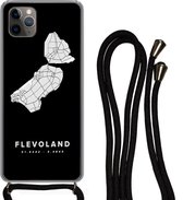 Hoesje met koord Geschikt voor iPhone 11 Pro Max - Flevoland - Kaart - Zwart - Siliconen - Crossbody - Backcover met Koord - Telefoonhoesje met koord - Hoesje met touw