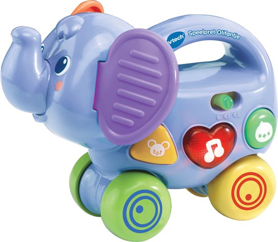 Blauw VTech olifantje speelgoed met paarse oren, groene, gele en rode wielen.