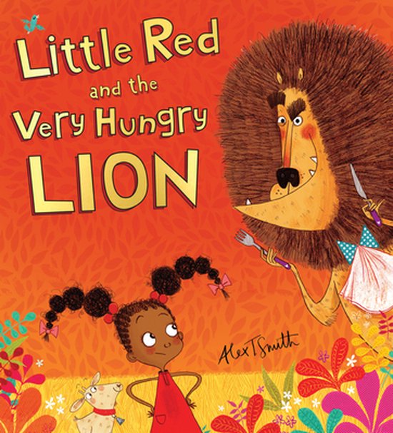 Boekomslag: Little Red and the Very Hungry Lion met een jong meisje, een leeuw met mes en vork en een kleine geit.