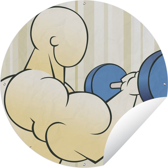Tuincirkel Een illustratie van een bodybuilder met een blauwe halter - 90x90 cm - Ronde Tuinposter - Buiten