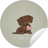 Tuincirkel Een illustratie van een bruine puppy met een hart - 90x90 cm - Ronde Tuinposter - Buiten