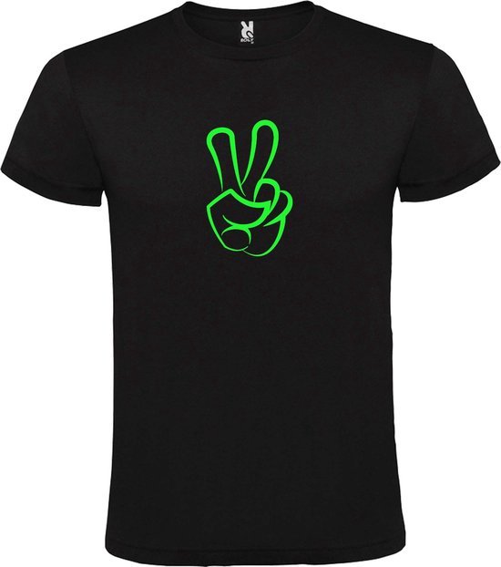 Zwart  T shirt met  "Peace  / Vrede teken" print Neon Groen size M