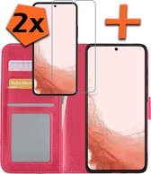 Samsung Galaxy S22 Hoesje Bookcase Met 2x Screenprotector - Samsung Galaxy S22 2x Screenprotector - Samsung Galaxy S22 Book Case Met 2x Screenprotector - Donkerroze