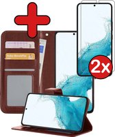 Samsung Galaxy S22 Hoesje Book Case Hoes Portemonnee Cover Met 2x Screenprotector - Samsung Galaxy S22 Case Hoesje Wallet Case - Bruin