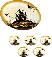 Onderzetters voor glazen - Rond - Een illustratie van een heks die over een kasteel vliegt tijdens Halloween - 10x10 cm - Glasonderzetters - 6 stuks