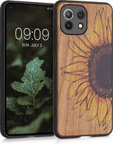 kwmobile telefoonhoesje compatibel met Xiaomi 11 Lite (5G) NE / Mi 11 Lite (5G) - Hoesje met bumper in geel / donkerbruin / lichtbruin - kersenhout - Wood Sunflower design