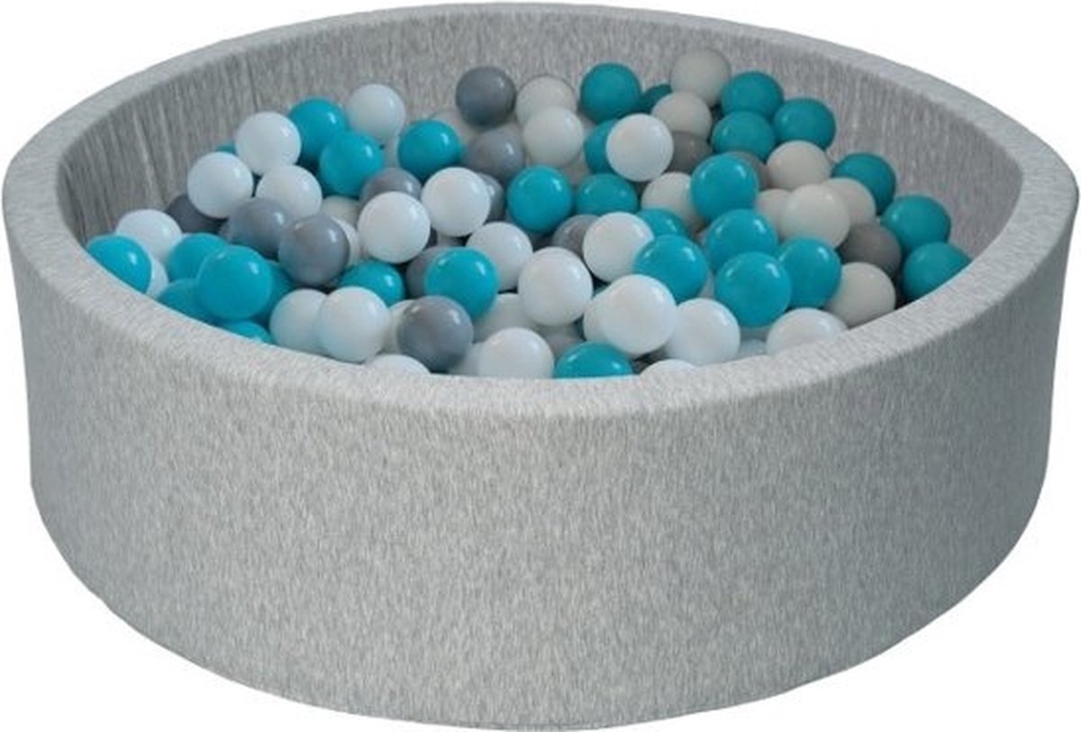Ballenbad rond - grijs - 90x30 cm - met 150 turquoise wit en grijze ballen