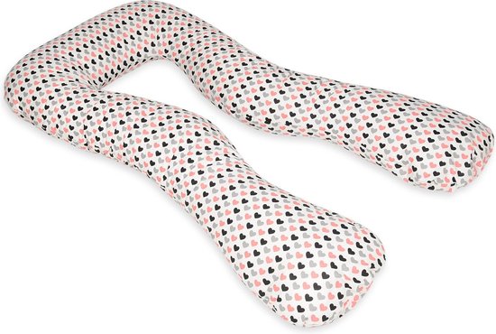 Zwangerschapskussen - 300 cm - 100% katoen - wit met roze en zwarte hartjes