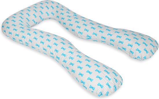 Voedingskussen - Zwangerschapskussen - 300 cm - 100% katoen - grijs met blauwe strikjes