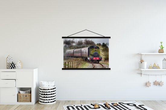 Une locomotive de train à vapeur qui avance avec de la fumée sortant de l'entonnoir affiche textielposter 150x100 cm