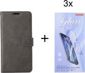 iPhone 13 - Bookcase Grijs - étui portefeuille avec protection d'écran en Glas 3 pièces