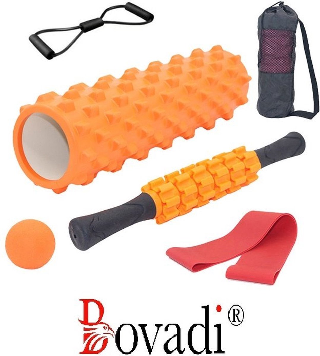 Bovadi Foam Roller Set Oranje 5 Delig - 2 x Weerstandsband - Massage set - Massage stick - Massage bal - Foam roller - Grid Triggerpoint - Inclusief compacte draagtas - Fitness - Yoga