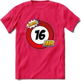16 Jaar Hoera Verkeersbord T-Shirt | Grappig Verjaardag Cadeau | Dames - Heren | - Roze - S